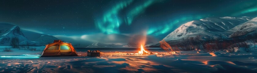 A serene winter camping scene under the mesmerizing Northern Lights with a tent and campfire in the foreground, set against snowy mountains.