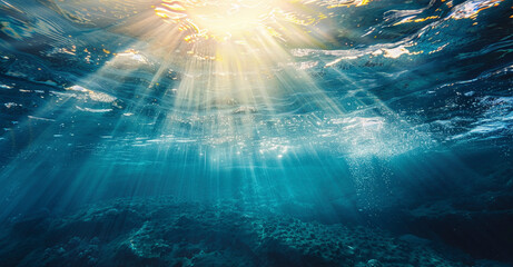 Naklejka premium Underwater Sunlight Rays in Ocean Depths 