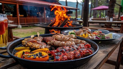 Outdoor barbecue with grilled meats and vegetables by a campfire at a rustic setting, perfect for a summer cookout or picnic.