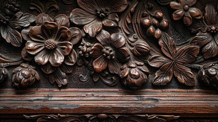 Fragment of ancient table drawer adornments highlighting the art of wood carving Emphasizing craftsmanship dark brown hue and premium quality wood components