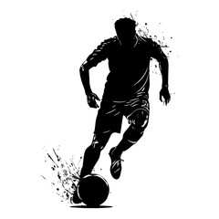 Grunge black silhouette of a football player. A man runs with a ball. Black outline sport illustration.