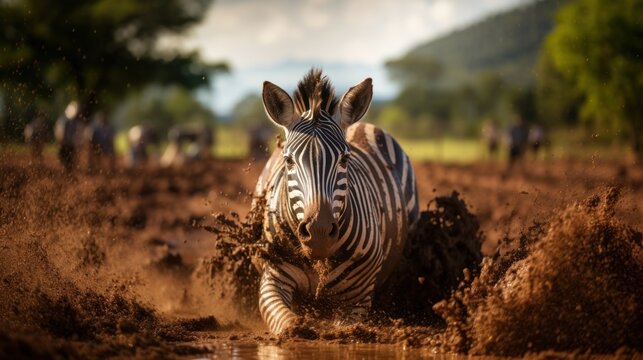 A dynamic image of a zebra galloping powerfully through mud, kicking up a dramatic spray against an African savanna backdrop