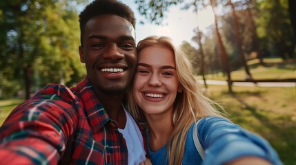 Fototapeta premium Diversity pair loves outdoor selfies, portraits, enjoying nature and connecting. Comic smile, interracial relationship, and black guy and woman take joyful memories or social media photos.