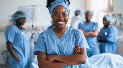 Happy black woman, doctor, and ICU, medical, or hospital team with arms crossed. Portrait of African woman, surgeon, or nurse smiling confidently in clinic