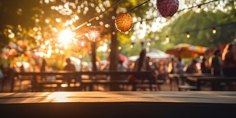 Vibrant outdoor festival scene with partygoers and decorative lights in background. Concept Outdoor Festival, Partygoers, Decorative Lights, Vibrant Scene, Festive Atmosphere
