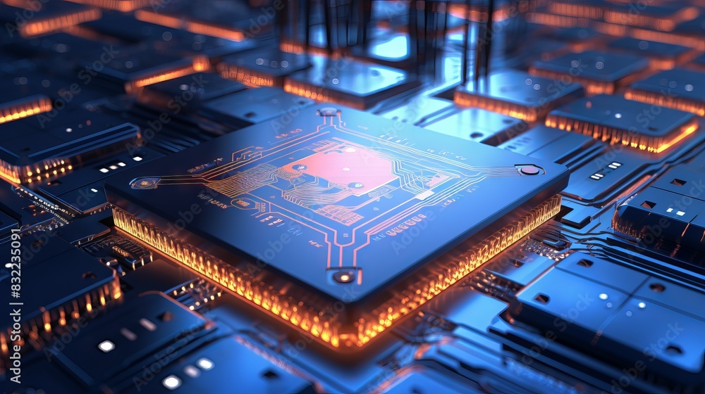 Poster futuristic circuit board: illuminated processor transmitting electric pulses - 3d render.