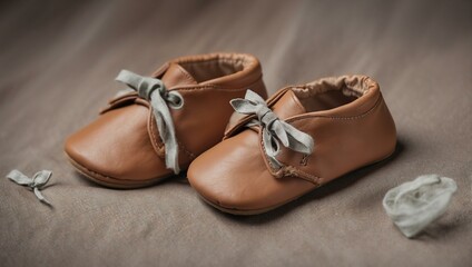 A pair of soft brown leather baby shoes with grey ribbons on a beige fabric