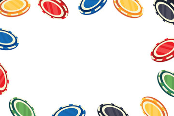 Flat vector illustration of casino poker chips flying isolated background.