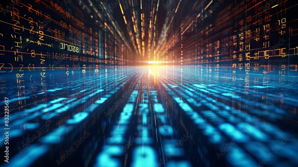 Aufkleber vivid 3d illustration: binary code unraveled in the vast cyberspace network of digital technology.
