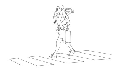 Woman crossing street and talking on the phone. Holding shopping bag and wear glasses. Continuous line drawing. Black and white vector illustration in line art style.