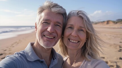 Obraz premium Love, travel, social media memory, and wellbeing in old couple, selfie and smile on beach image. Picture hug, grin, trust, commitment, and partner with marriage, retirement, and holidays