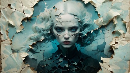 A surreal image of a woman's face peering through cracked turquoise surfaces