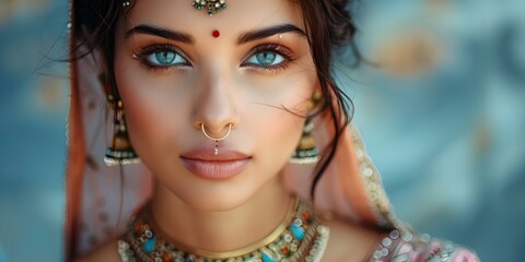 Fototapeta premium Stylish Indian Woman Embracing Tradition with Bindi Elegance. Concept Indian Fashion, Traditional Attire, Bindi Beauty, Stylish Women, Embracing Tradition