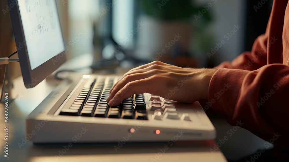 Poster person with blindness using computer keyboard and braille display for assistive technology