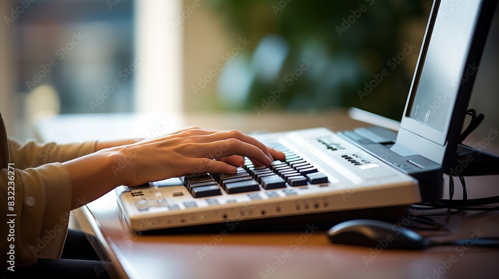 Poster person with blindness using computer keyboard and braille display for assistive technology