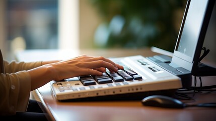 Person with blindness using computer keyboard and braille display for assistive technology

