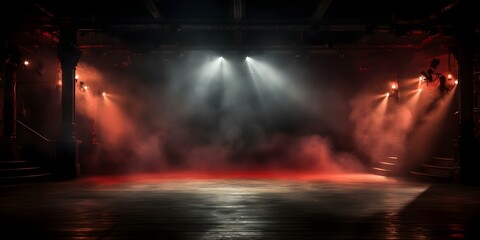 Dramatic Show Backdrop: Red Spotlight on Empty Stage with Smoke. Concept Stage Lighting, Theatrical Set Design, Special Effects, Dramatic Atmosphere
