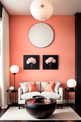 Peach Fuzz Trend Color Year 2024 in Premium Living Room. Mockup Wall for Art in Peach Pastel Beige. Modern Interior Design Lounge with Accent Premium White Chairs. 3D Render.