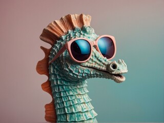 A textured seahorse figurine donning a pair of pink sunglasses