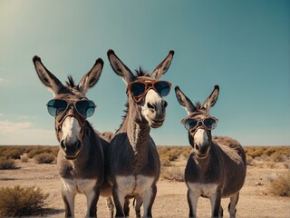 Three donkeys are depicted standing in the desert wearing cool sunglasses, imparting a humorous and whimsical touch to the scene