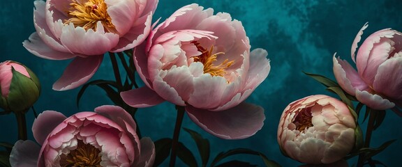 Image of a beautiful bouquet of pink peonies with rich color and detail against a dark backdrop