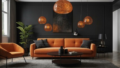 This image showcases a stylish interior design featuring a vibrant orange sofa, unique pendant lights, and a lush green plant adding life to the scene