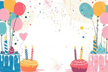 Vibrant Birthday Cake Celebration with Colorful Balloons Illustration
