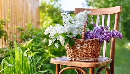 Fototapeta premium Beautiful purple flowers in wicker basket on wooden chair.