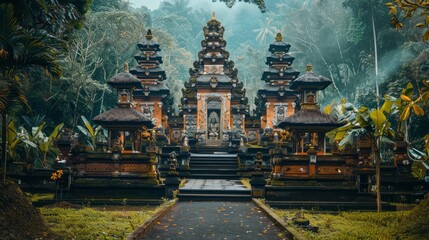 Vibrant colors of traditional balinese architecture, intricate carvings, and ornate details of a sacred hindu temple in bali, indonesia, set against a lush green backdrop.