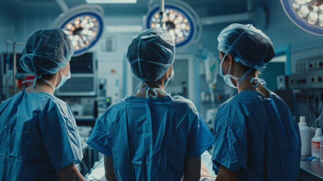 Surgeons working together for emergency, accident, or hospital clinic care. Heart rate monitor, back, or surgeons working together for surgery, support, or medical assistance