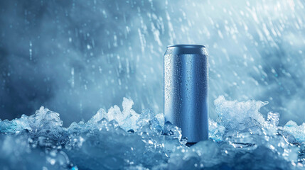 Cold Beverage Can in Ice with Droplets

