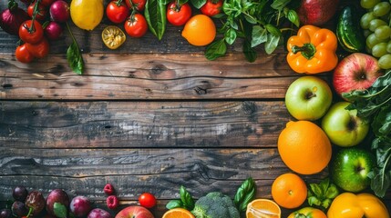Fresh organic fruits and vegetables arranged artfully on a rustic wooden background, showcasing healthy eating options in a natural and earthy setting.