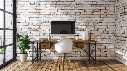 Modern rustic home office setup features sleek computer against distressed white brick wall backdrop with natural wood desk and minimalist decorative accents.