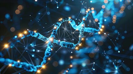 Glowing DNA Strands on Technological Background