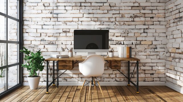 Modern rustic home office setup features sleek computer against distressed white brick wall backdrop with natural wood desk and minimalist decorative accents.