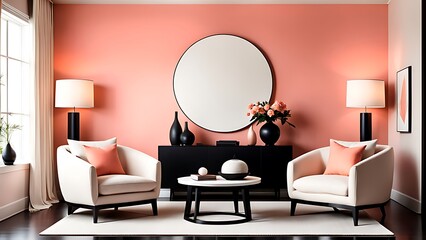 Peach Fuzz Trend Color Year 2024 in Premium Living Room. Mockup Wall for Art in Peach Pastel Beige. Modern Interior Design Lounge with Accent Premium White Chairs. 3D Render.