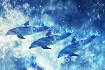 Obraz premium lively spectacle of playful dolphins leaping over crashing waves, showcasing the vibrant beauty of marine wildlife in their natural ocean habitat.