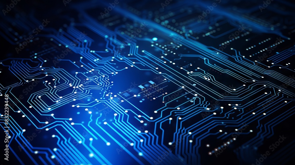Poster futuristic quantum computing: blue circuit board texture for modern technology concepts and large da