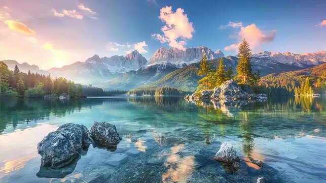 Captivating Summer Sunrise Over Eibsee Lake with Majestic Zugspitze Mountain Range - Scenic Beauty of Bavarian Alps, Germany, Europe