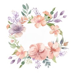 watercolor mock-up floral shop logo, white background, peach and violet colors.