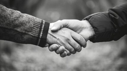 Two people engage in a handshake, showcasing a symbol of agreement or greeting in a monochrome image
