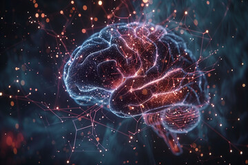 Brain cell conection. Brain with neural connections. Hologram visualization.