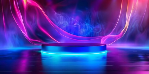 Glowing blue D podium in a contemporary dark room. Concept Modern Interior Design, Blue Illumination, 3D Podium, Minimalist Decor, Contemporary Lighting