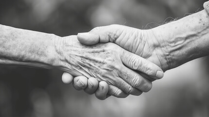 A monochrome image focusing on a handshake, showcasing textures and details of elderly hands