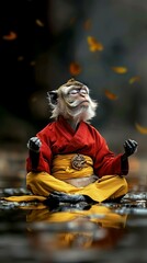 A monkey peacefully sitting in the midst of a serene body of water