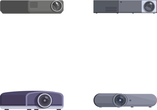 Collection of four different contemporary projectors isolated on a white backdrop