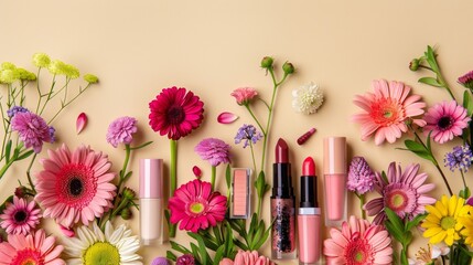 Obraz premium Vibrant spring flowers surround a colorful array of makeup products, including lipsticks, eyeshadows, and skincare, on a warm beige background, exuding elegance and femininity.