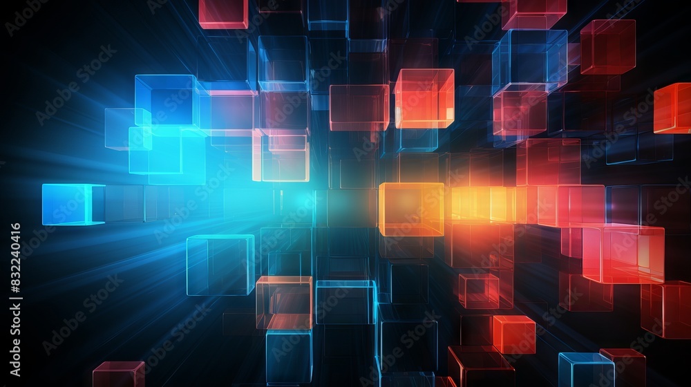 Poster abstract high-tech background with colorful square blocks in vibrant hues, showcasing modern technol