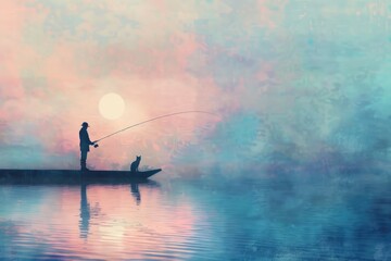 Naklejka premium Father and son fishing from a boat on a lake at sunset.