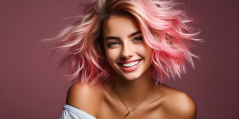Fototapeta premium Chic young woman with tousled bob haircut, blonde hair, and pink highlights smiling. Concept Fashion, Hairstyle, Smiling, Portrait, Pink Highlights
